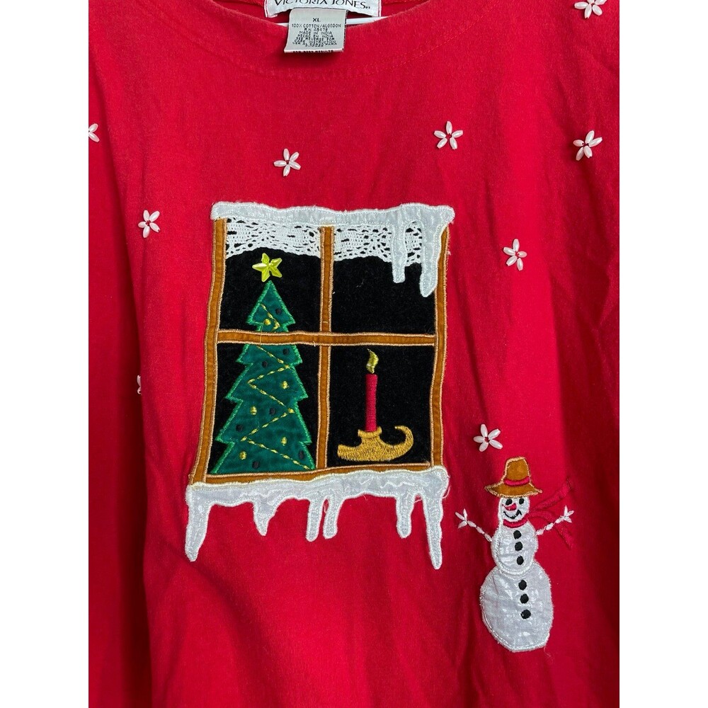Vintage Christmas Embroidered Top XL • Cute Snowman Holiday Red Long Sleeve - Picture 2 of 6